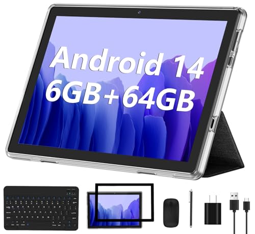 Android 14 Tablet 2025 New 10 Inch Tablets with 6GB RAM + 64GB ROM +1TB Expanded Ouad-Core,2 in 1 Tableta with Keyboard Mouse WiFi 6 Bluetooth,GMS Certified IPS Touch Screen Tablet - Silvery Set