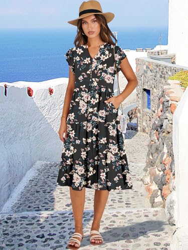 ANRABESS Womens Summer Ruffle Sleeve V Neck Midi Dress 2024 Fashion Casual Fit Flowy Tiered Boho Beach Vacation Sundress
