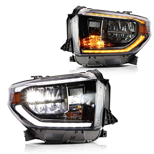 VLAND LED Headlights Compatible for Toyota Tundra Pickup 2014 2015 2016 2017 2018 2019 2020 2021 with Sequential Turn Signals Fiber Optic DRLs YAA-TDR-2045, Chorme