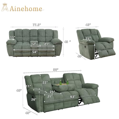 A Ainehome Manual Recliner Sofa Set, Corduroy Recliner Chair, Modern Loveseat Sofa, Modern Reclining Sofa Couch and Recliner Couches for Living Room/Office(Sofa, green)
