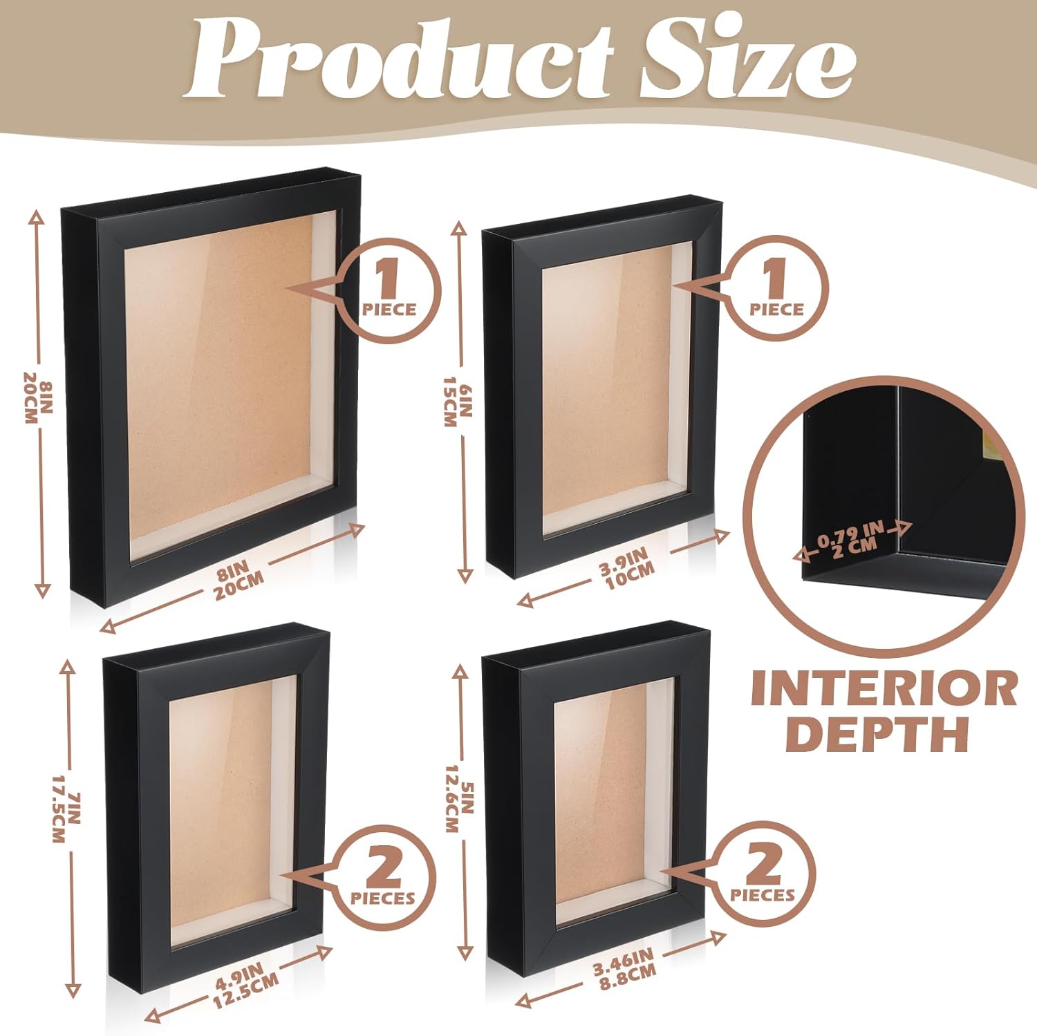 6 Pcs Shadow Box Frame 4 Size 3.5x5 4x6 5x7 8x8 Inch Black Wood Small Shadow Box Shadow Boxes Display Cases Flower Frame Deep Picture Frames for Medals, Tickets, Photo, Keepsake