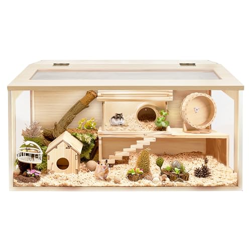 Hamster Cage Wooden Extra Large Mice and Rat Habitat Openable Top with Acrylic Sheets Solid Built Small Animal Cage (32 x 16 x 16 Inch)