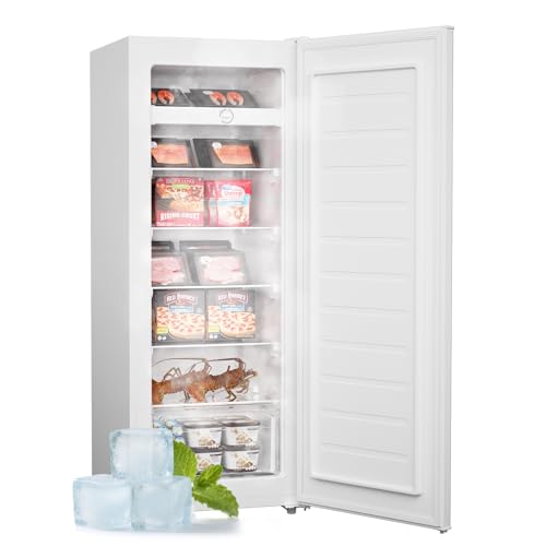 Upstreman 7.0 Cu.Ft Upright Freezer Large Capacity Convertible Refrigerator/Freezer, 5 Adjustable Shelves, Energy Efficient, Garage Ready, Reversible Door for Basement, Dorm, Apartment,White