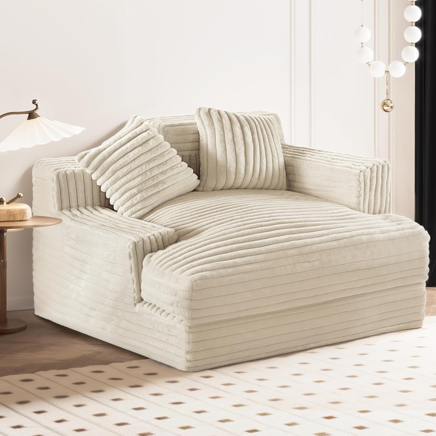 Chaise Lounge Chair Indoor Bedroom, Oversized Chaise Lounge Sofa Upholstered Soft Single Short Plush Couch Sofa Bed Sleeper Chair for Living Room with 2 Throw Pillows, Easy to Install