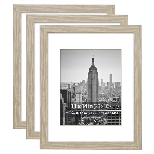 11 x 14 inch or 8 x 10 with Mat Picture Frame Set, Wall Mount Vertically or Horizontally, Plexi Glass Acid Free Mat, Stained Tan Wood Grain Profile, 3 Pack