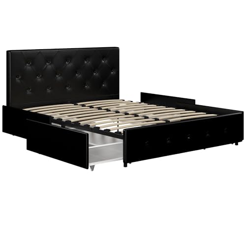 DHP Dakota Upholstered Platform Bed with Underbed Storage Drawers and Diamond Button Tufted Headboard and Footboard, No Box Spring Needed, King, White Faux Leather