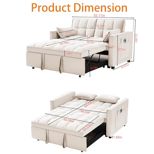 OUMAX Sleeper Sofa Bed,3 in 1 Convertible Futon Sofa Couch Pull out Bed,Love Seat Lounge Sofa with Reclining Backrest,Furniture Sleeper Chair for Living Room (Grey)