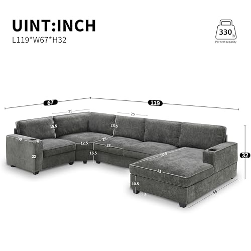 Merax Modern U-Shaped Cloud Couch Set with Oversized Chaise Lounge, Chenille 6-Seat Sectional Sofa Sleeper Bed with Cup Holders for Living Room Dark Gray