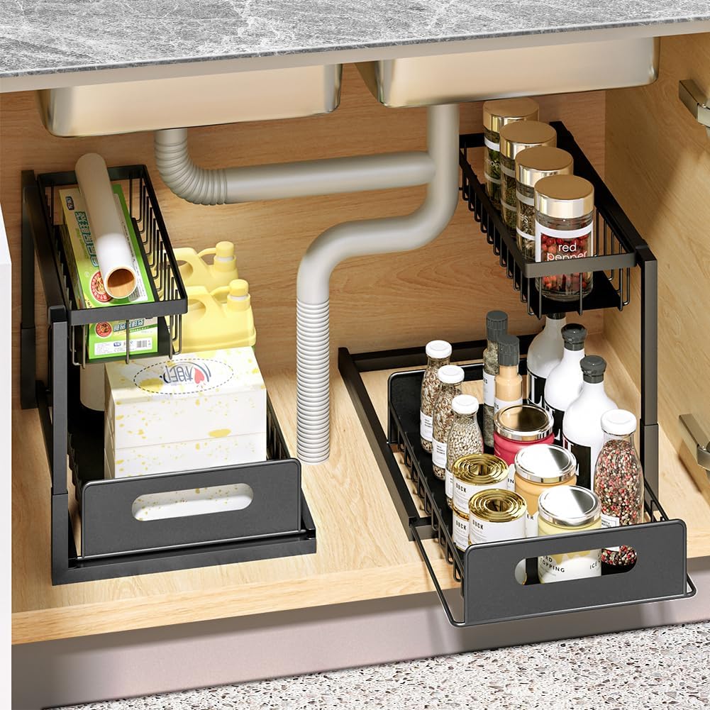 2 Pack Under Sink Organizers and Storage, Metal Slide Out Kitchen Cabinet Organizer with Sliding Drawer Pull Out Sink Shelf Cabinet Storage Shelves Multi-Use for Kitchen Bathroom Organization