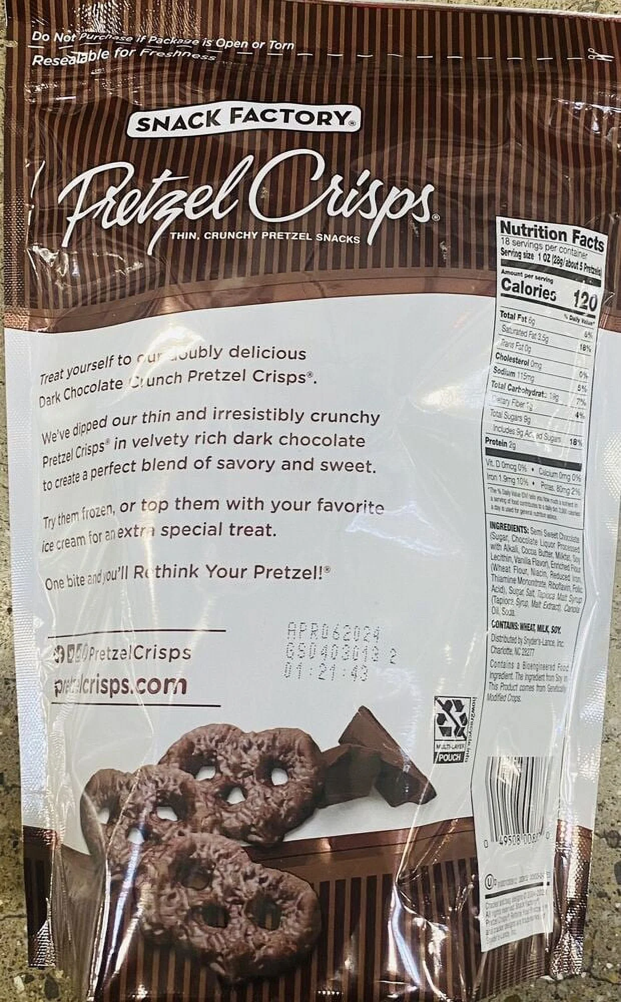Snack Factory Pretzel Crisps Dark Chocolate Crunch 18 oz Bag NEW