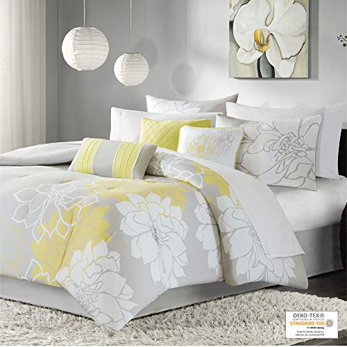 Madison Park Lola Sateen Cotton Comforter Set-Casual Medallion Floral Design All Season Down Alternative Bedding, Shams, Bedskirt, Decorative Pillows, Cal King, Grey/Aqua 7 Piece