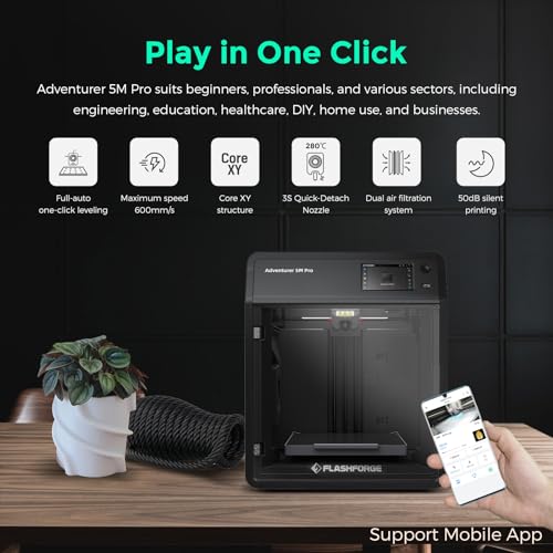 FLASHFORGE Adventurer 5M 3D Printer with Fully Auto Leveling, Max 600mm/s High Speed Printing, 280°C Direct Extruder with 3S Detachable Nozzle, Core XY All Metal Structure, Print Size 220x220x220mm
