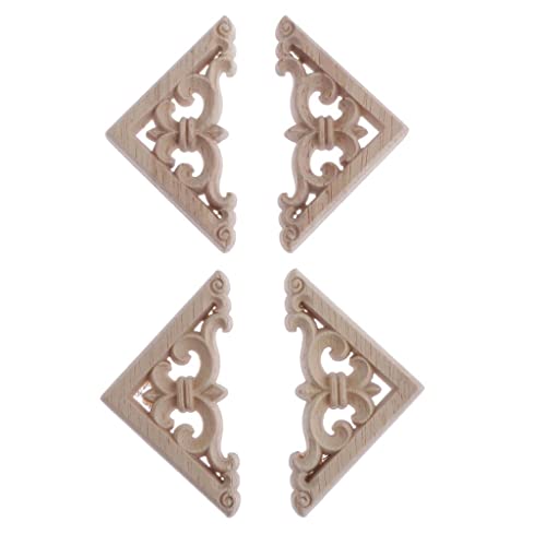 4pcs Natural Wood Carved Corner Onlay Applique Frame | Furniture Decal Embellishment Decor | Unpainted Wooden Decal for Home Wall Door Cabinet | Vintage Style - Wood, 8x8cm