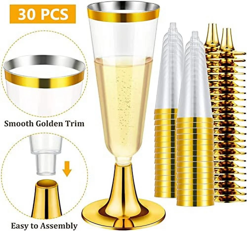 30Pcs Plastic Champagne Flutes, 150ml Gold Champagne Glasses Reusable Stemmed Party Wine Cups