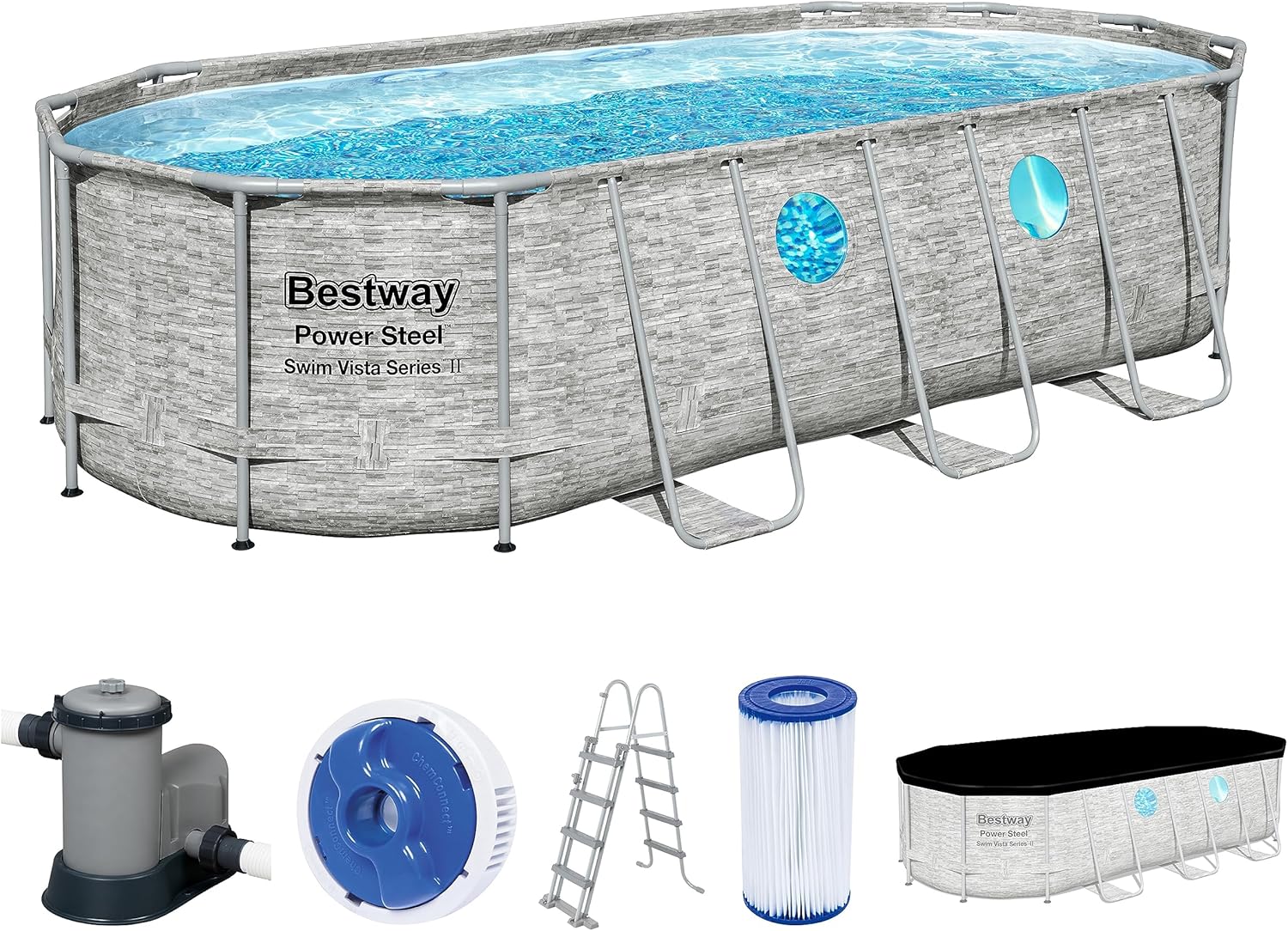Bestway Power Steel Swim Vista Series Above Ground Pool Complete Set with Filter Pump 549 x 274 x 122 cm Stone Effect (Cream) Oval