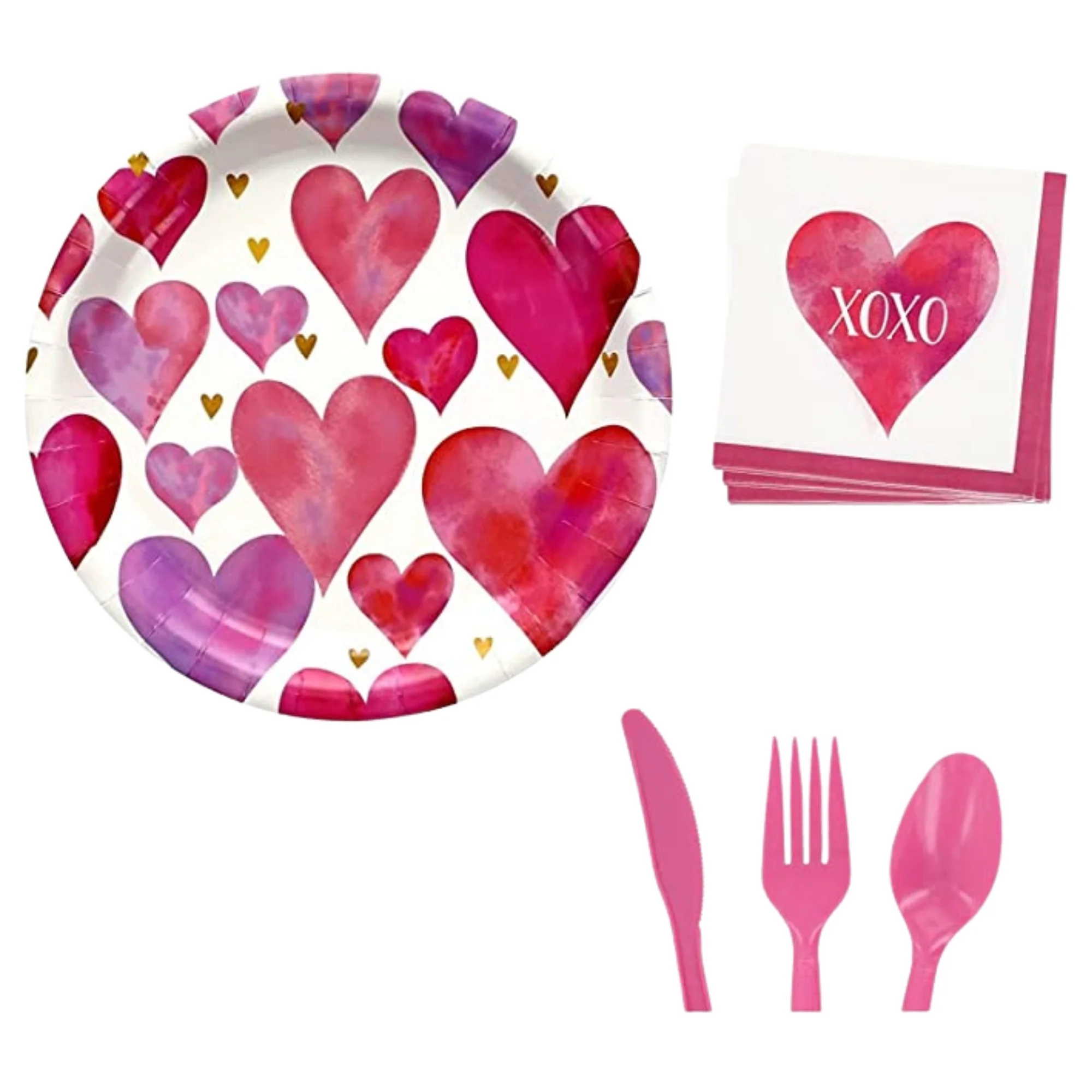 A1 UNLIMITED Valentine Heart Design Round Paper Plates with Matching Napkins and Pink Plastic Utensils Home Kitchen Party Favor for Valentine's Day Romantic Date Disposable Tableware Set of 3