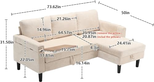 Sleeper Sectional Sofa with Storage Chaise, Side Table, L Shape Chenille Pull Out Sofa Bed, 3 Seater Convertible Couch for Living Room, Apartment, Small Space, Office, Dorm, Beige