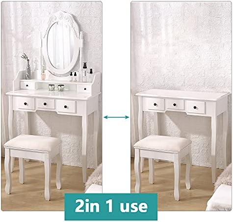 Vanity Mirror Table Set  Makeup Desk Vanity with Stool  Vintage Bedroom Vanity Lots  Dressing Table White for Women and Girls