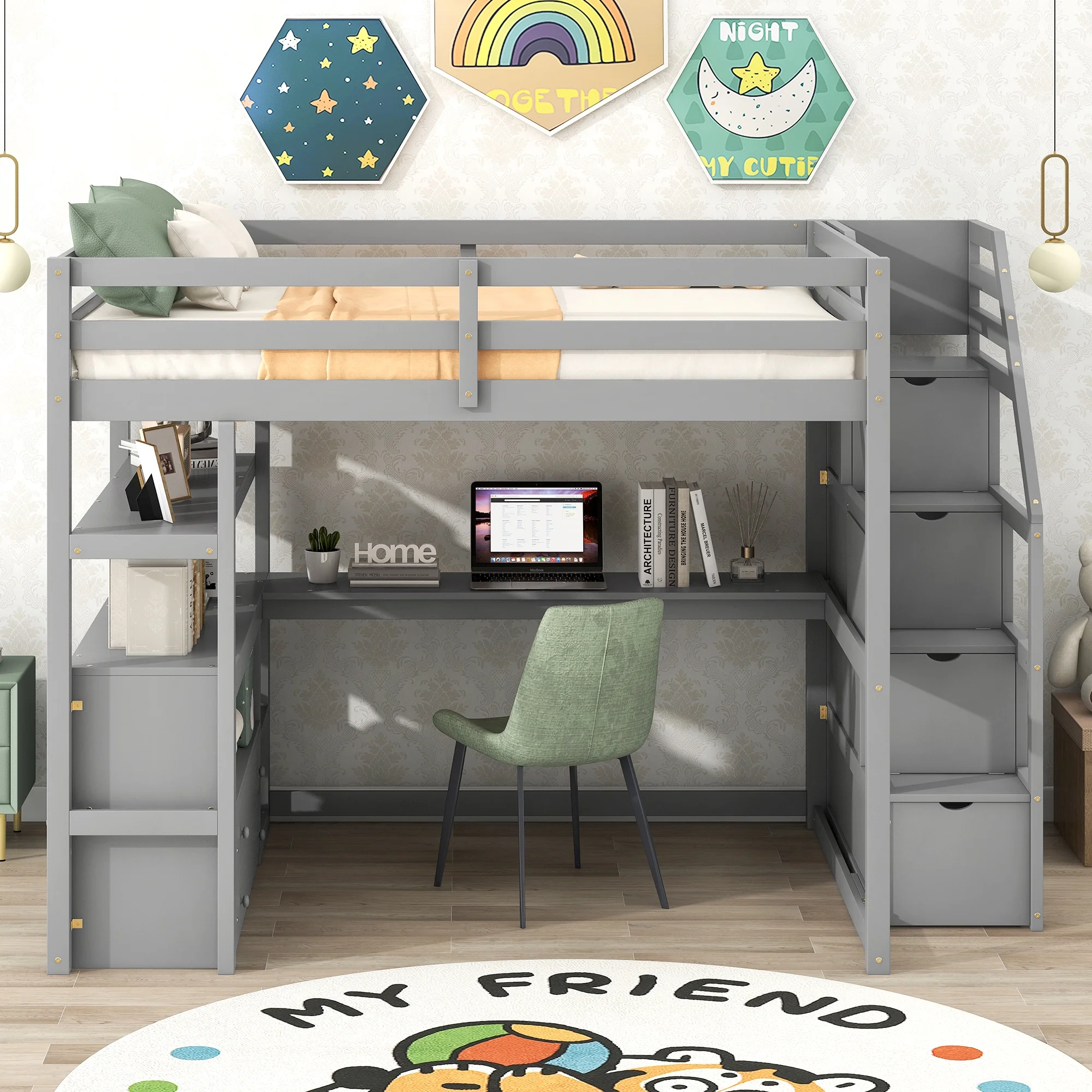 Loft Bed with Desk & Storage Stairs Wood Loft Beds with Two Built-in Drawers, High Loft Bed Frame with Step for Kids, Juniors, Boys and Girls No Box Spring Needed & Space Saving (Full)