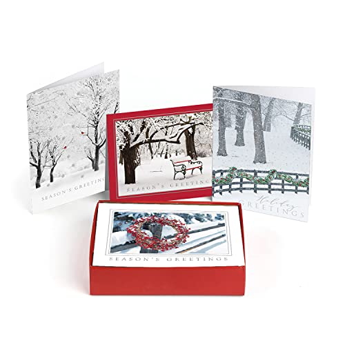 Masterpiece Holiday Greetings Trimmed In Scarlet Christmas Cards / 16 Boxed Snowy Cardinal Wreath Holiday Cards With Silver Foil Lined Envelopes / 5 5/8