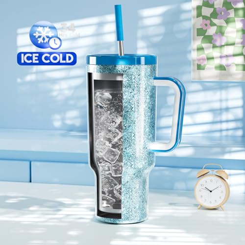 Meoky 40oz Tumbler with Handle, Leak-proof Lid and Straw, Insulated Coffee Mug Stainless Steel Travel Mug, Keeps Cold for 34 Hours or Hot for 10 Hours (Night)
