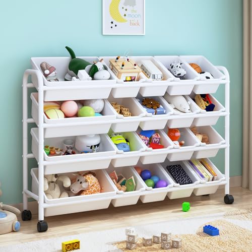Kids Toy Storage Organizer with 12 Plastic Bins, 4-Tier Metal Toy Storage Rack, Metal Toy Organizer with Storage Bins for Kids Room, Playroom and Nursery, Multi-Color