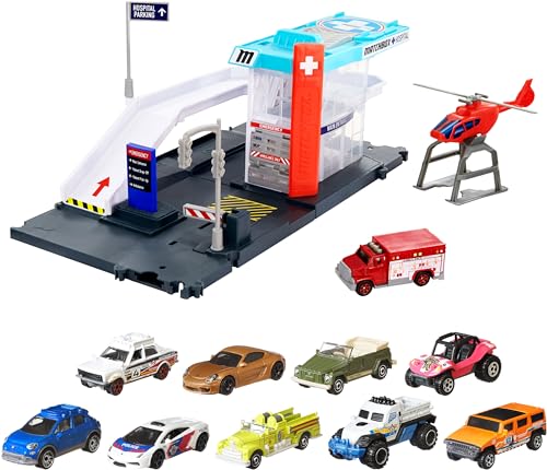 Matchbox Cars Playset, Action Drivers Helicopter Rescue & 1:64 Scale Toy Ambulance & Helicopter, Connects to Other Sets