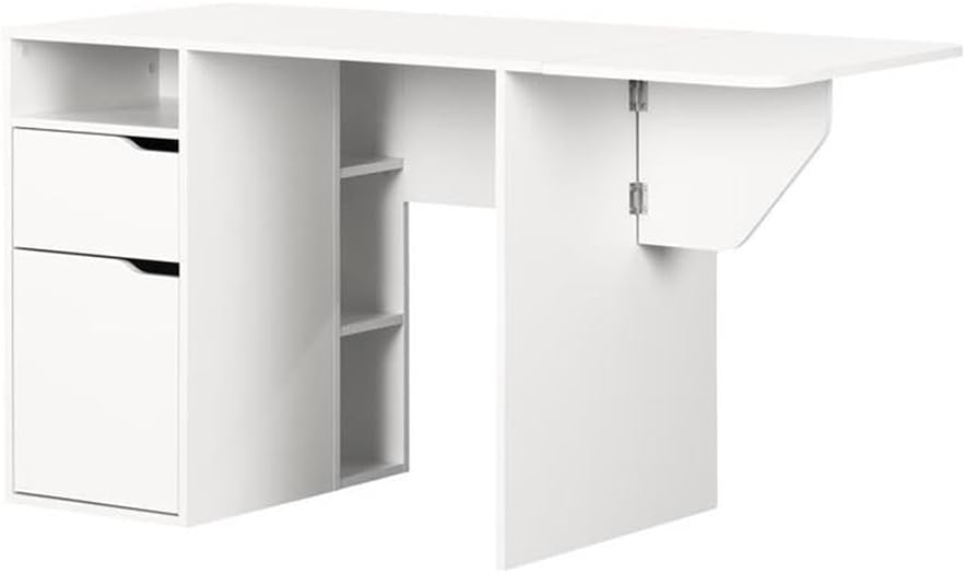 Expandable Craft Table, Multipurpose Craft Station with Compact Design, Contemporary Sewing Desk with Drawers and Shelves, White