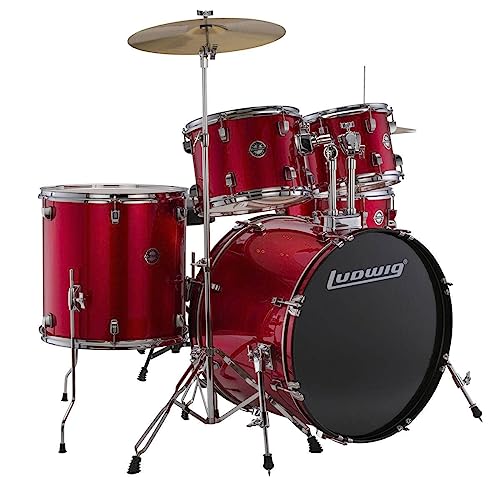 Ludwig Accent 5-piece Complete Drum Set - 22-inch Bass Drum and Cymbals, Red Sparkle