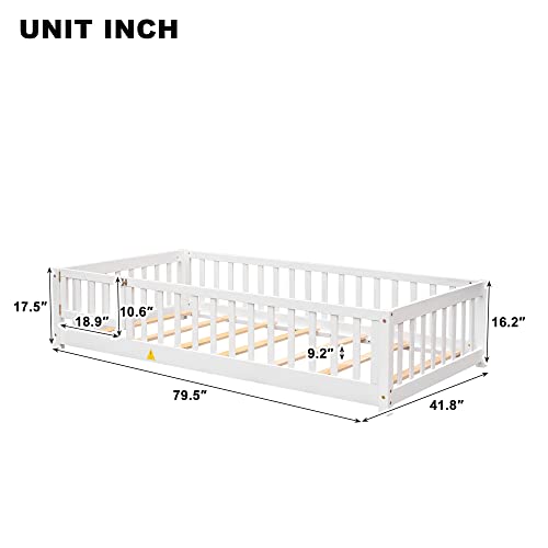 Toddler Floor Bed,Twin Size Floor Bed with Safety Guardrails and Slats, Wooden Floor Bed Frame Without Door, No Box Spring Needed,for Kids Girls & Boy Gray