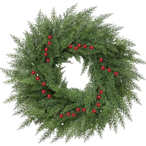 Lush Christmas Wreaths for Front Door with Red Berries Christmas Decorations 24 inch Real Touch Faux Cedar Wreath Large Winter Green Wreaths for Windows Outdoor Indoor Walls Home Xmas Holiday Decor