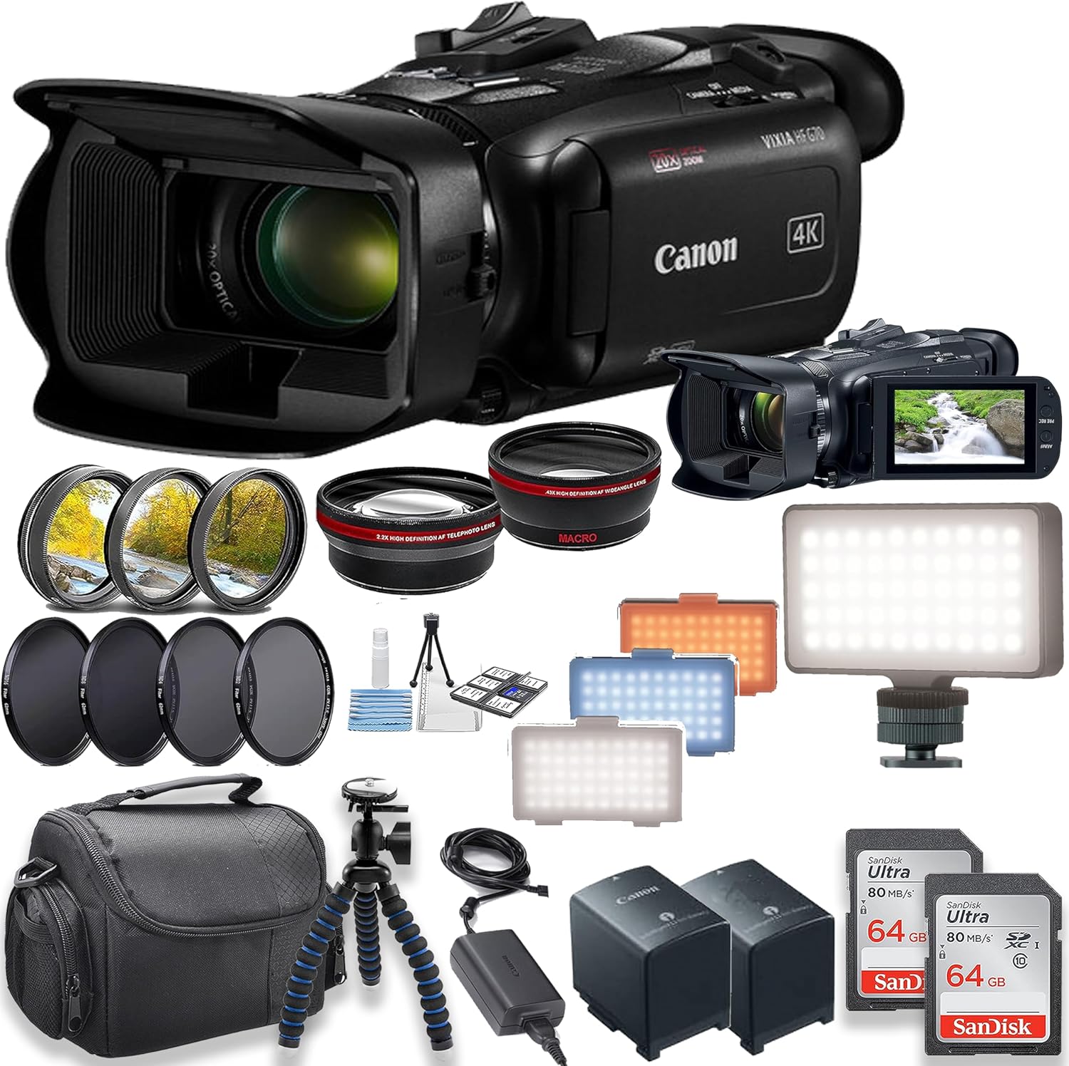 Canon Vixia HF G70 UHD 4K Camcorder w/LED Video Light + Filter Kits + 2pc 64GB Memory Cards & More