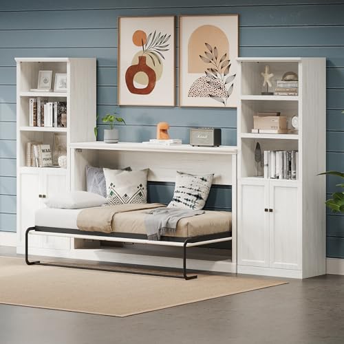 SOFTSEA Twin Size Murphy Bed with 2 Side Cabinet Storage Shelf, Horizontal Murphy Bed with Bookcase, Wood Wall Bed Foldable Platform Bed Space-Saving for Guest Room, Bedroom, Home Office, White