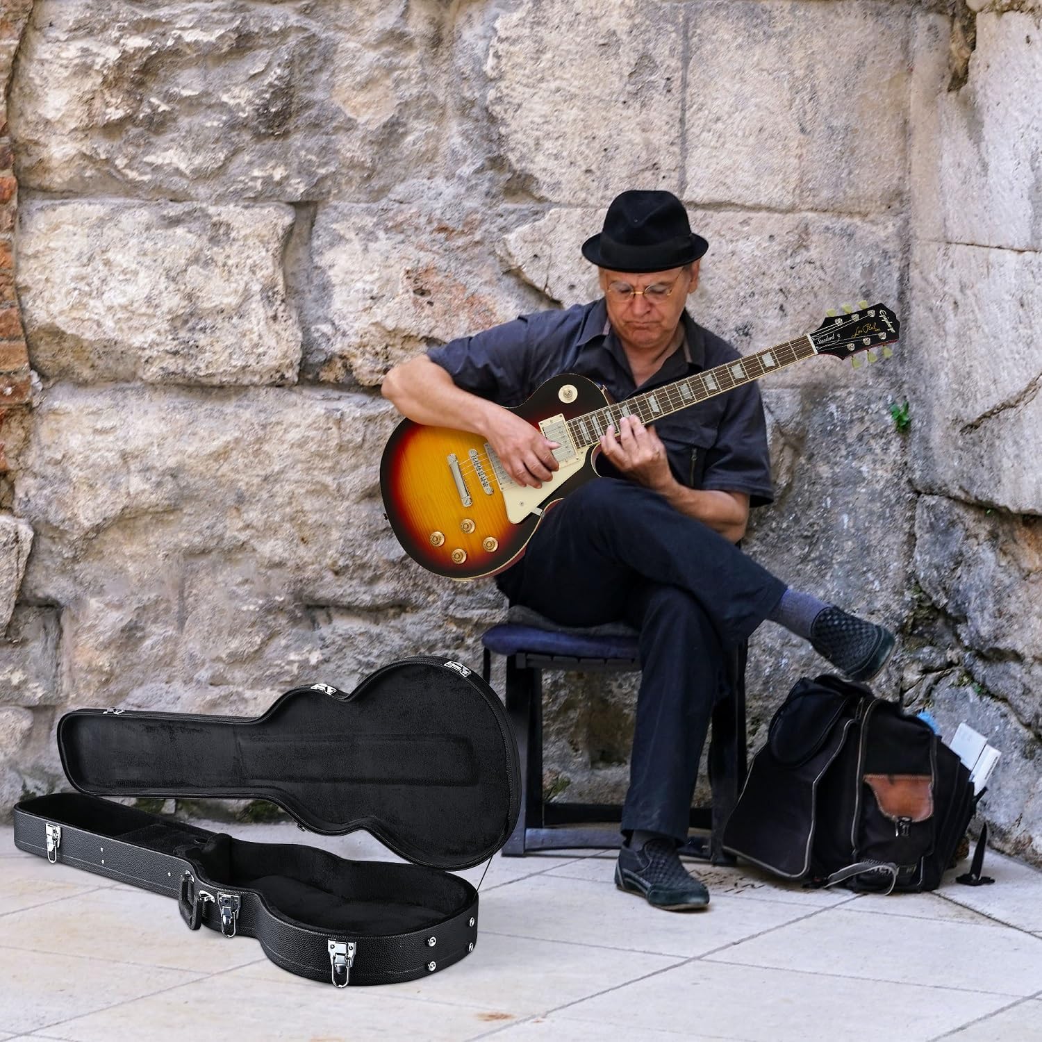 Guitar Hard Case for LP Les Paul Style Electric Guitars PU Leather Wooden Hard-Shell Case with Lock Molded Handle Black