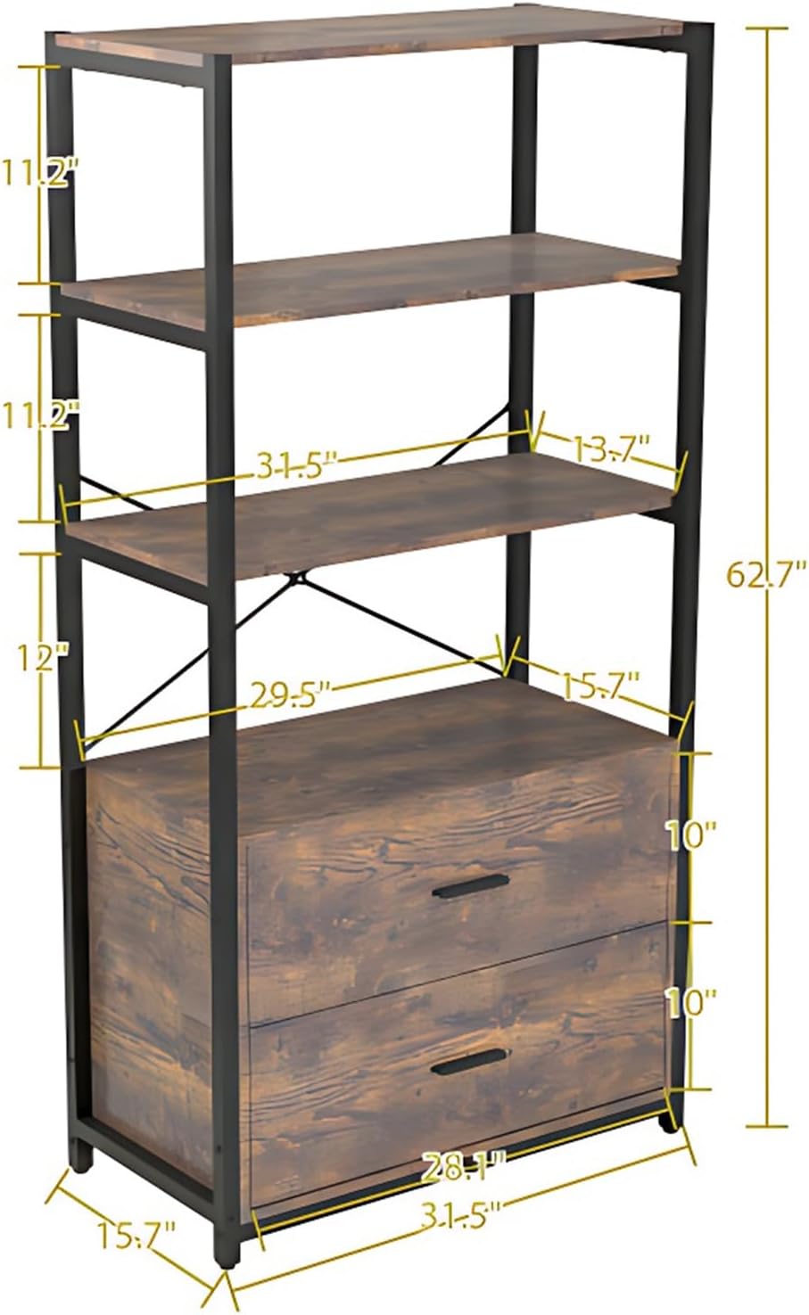 Tall Bookshelf, Industrial Bookcase with File Cabinet Drawers, Standing Shelf Units with Storage, Farmhouse Wooden Bookshelves for Living Room, Bedroom, Home Office, Vintage Brown
