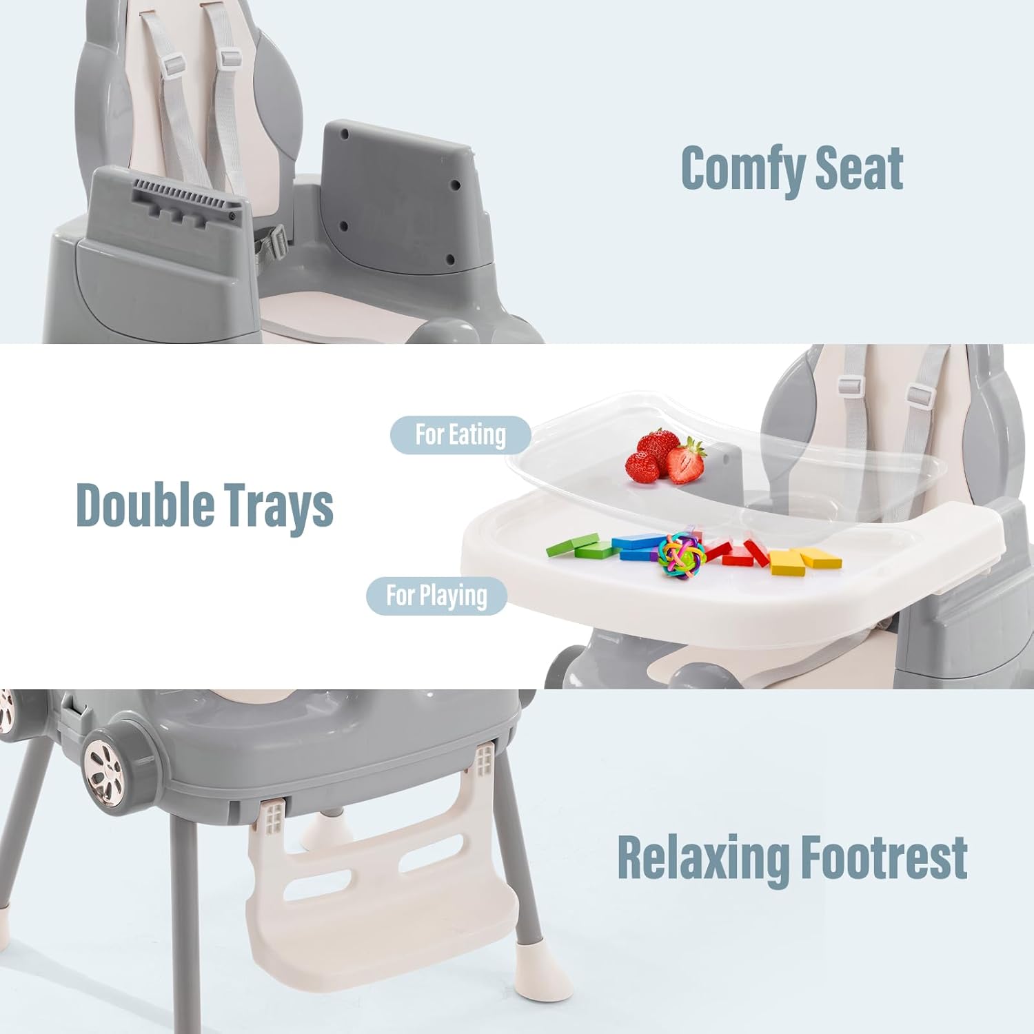 Baby High Chair,Adjustable Convertible 3 in 1 Baby High Chairs Baby Toddlers Feeding Chair Booster,5-Point Harness,Removable Tray&PU Cushion(Deep Gray)