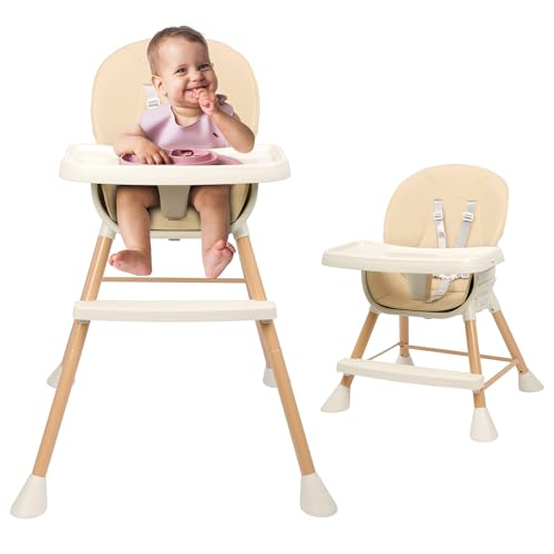 6-in-1 Baby High Chair, Convertible High Chairs for Babies and Toddlers, Infant Feeding Highchair with Cushion, 5-Point Harness, Footrest, Removable Tray, and Adjustable Legs, Beige