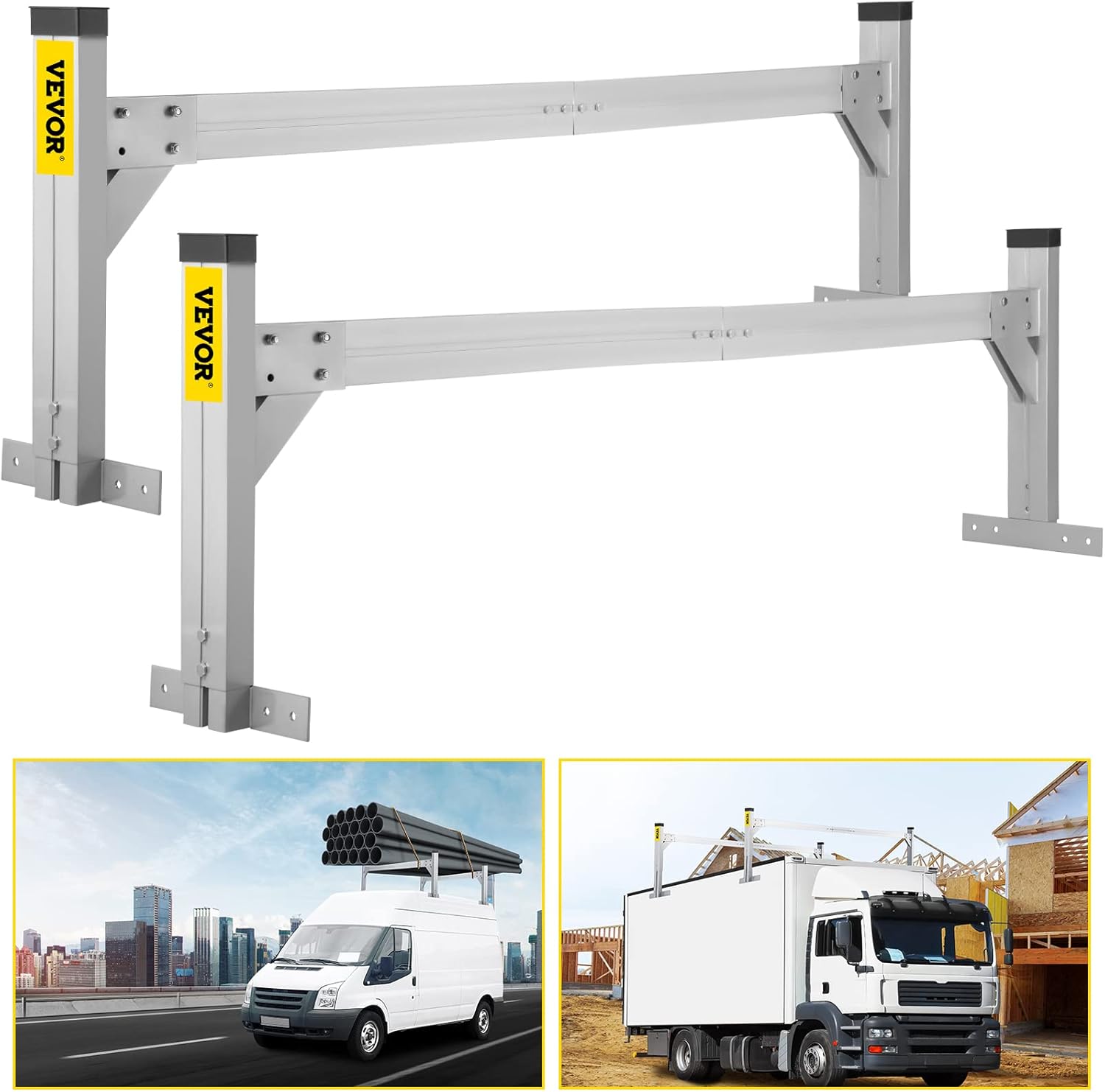 VEVOR Universal Roof Ladder Rack, Fit for 6.2'-8.3' Wide Vans, 2 Bars Adjustable Aluminum Trailer Ladder Rack with 330 LBS Capacity, for Cargo Vans Trucks or Pickups, Silver