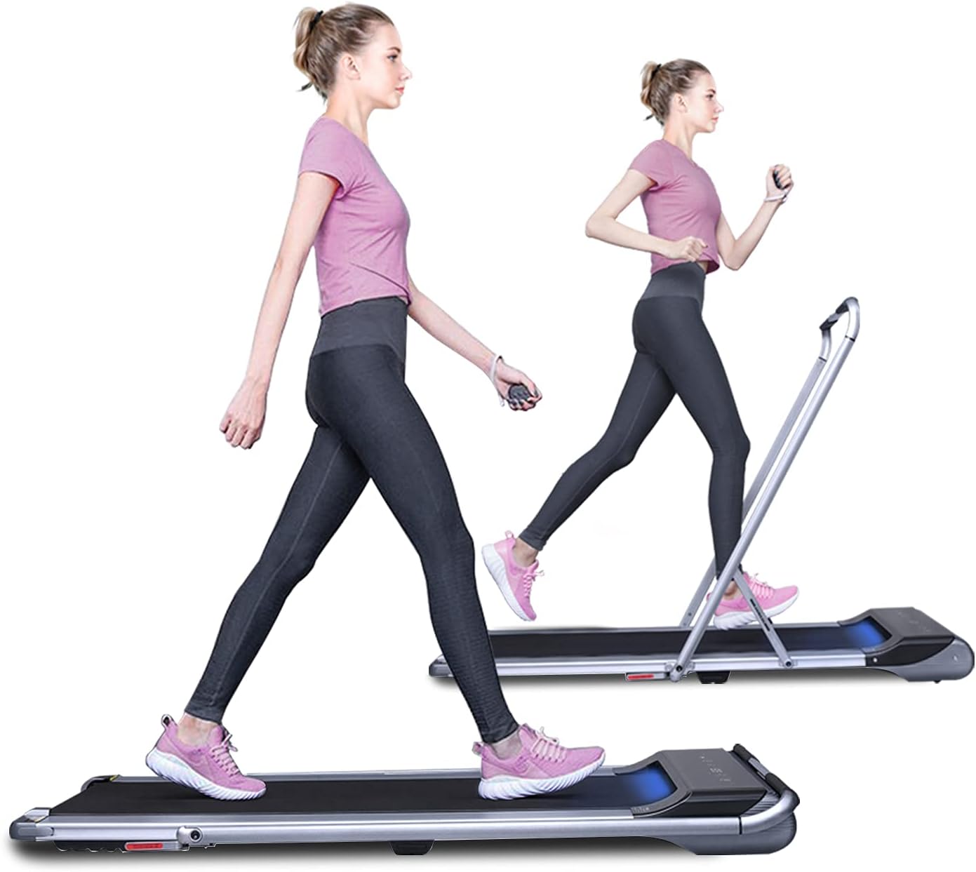 RHYTHM FUN Treadmill Under Desk Treadmill 2-in-1 Folding Running Walking Treadmill with Foldable Handtrail and Speed Sensor Light Slim Mini Quiet Treadmill with Smart Remote Workout App forHome/Office