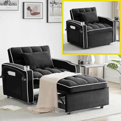 3 in 1 Sleeper Chair with Cup Holder & Swivel Phone Stand , Convertible Lazy Sleeper Sofa Chair with USB Port & Adjustable Back, Comfortable Folding Ottoman Bed Sleeper for Living Room (Creamy White)