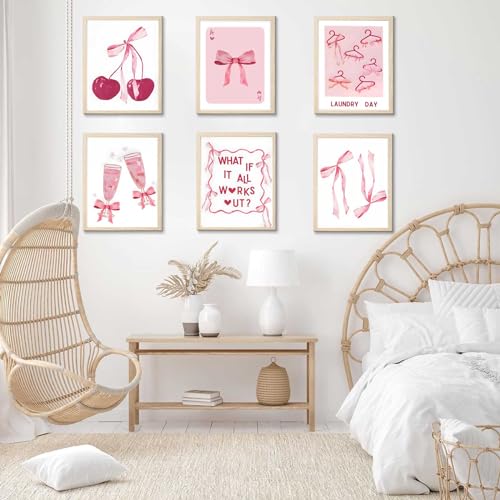 6Pcs Trendy Pink Bows Wall Art, Coquette Posters for Room Decor Aesthetic Watercolor Light Pink Bow Canvas Prints Preppy Wall Decor Pictures for Girly College Apartment Decoration, Unframed (Pink, 8x10in poster).