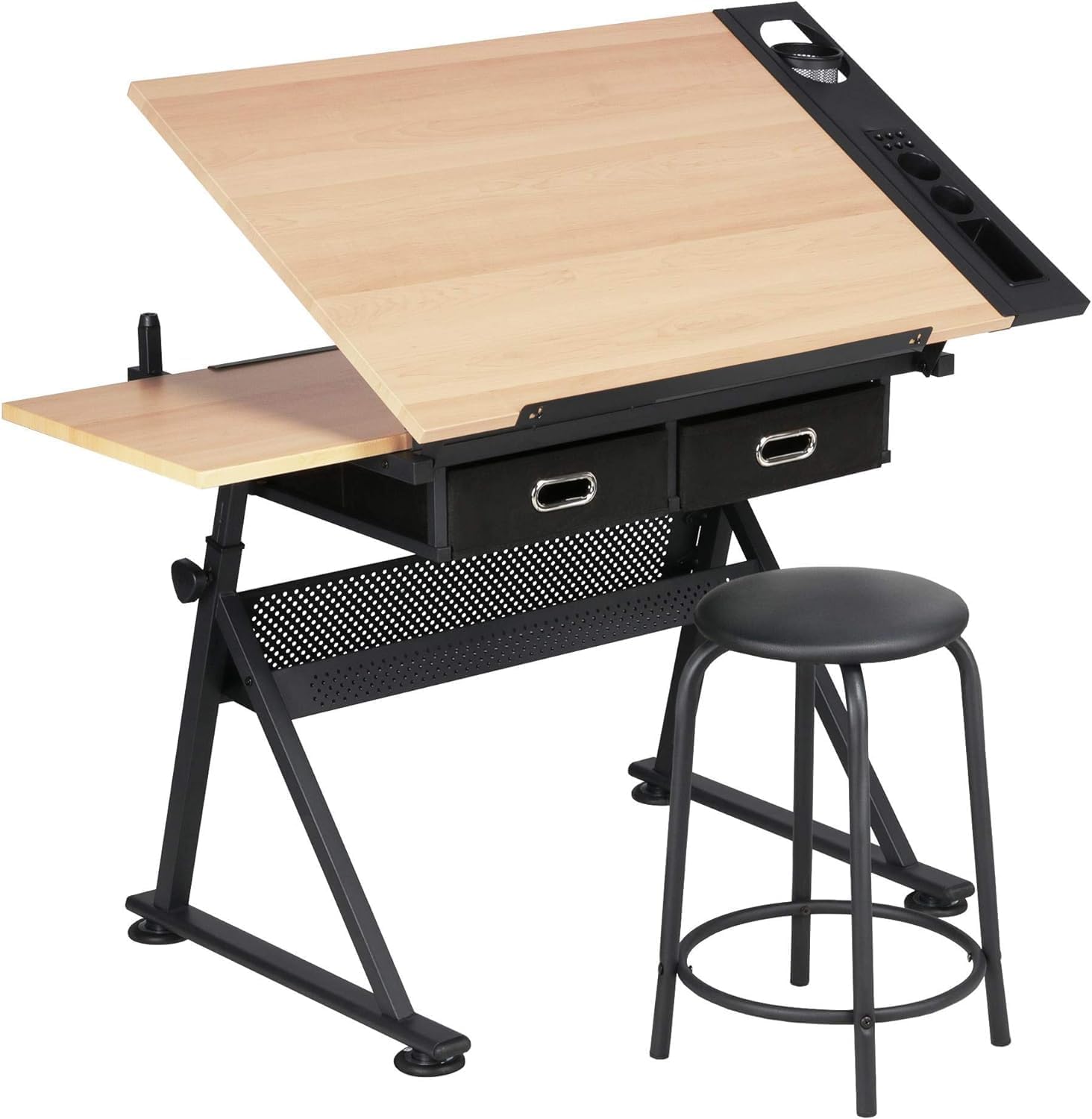 Height Adjustable Drafting Table Drawing Table Artist Desk Tilting Tabletop Art Craft Desk Watercolor Paintings Sketching Work Station Storage Drawers and Stool