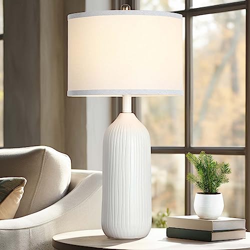 TOBUSA 27in White Ceramic Table Lamp with 3-Color Temperatures(3000K/4000K/6500K), Modern Tall Table Lamp for Living Room Bedroom with White Shade, E26 Nightstand Lamp for Bedside End Table Office