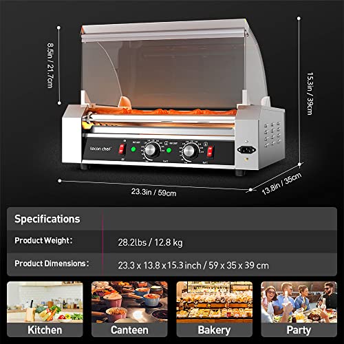 Leconchef Hot Dog Roller Machine Commercial Electric 7Roller Sausage Grill Hotdog Cooker Warmer Machine Stainless Steel with Dual Temp Control, Detachable Glass Cover and LED For Kitchen Canteen