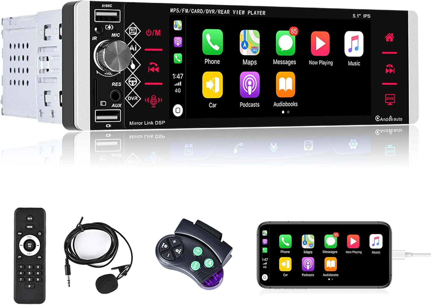 Single Din Car Stereo 5.1 Inch Touchscreen Radio with Carplay & Android Auto Support Bluetooth Voice Control DVR FM RDS AM Tuner, 1 Din Head Unit with USB/SD/Aux + SWC, Microphone and Backup Camera