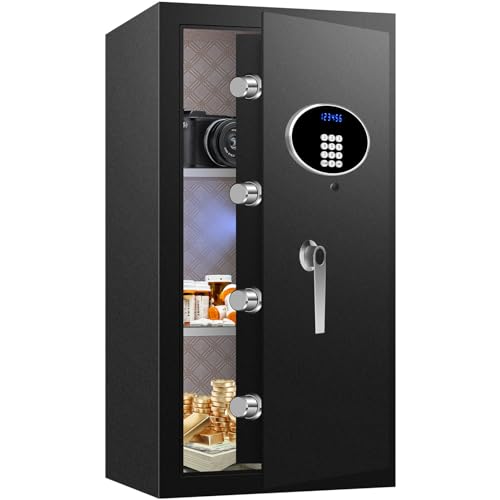 [True to Size] 6.1 Cub Large Home Safe Box Fireproof Waterproof with LCD Screen - Security Safety Box with Digital Keypad and Key Lock Removable Shelf, Sensor Light for Documents