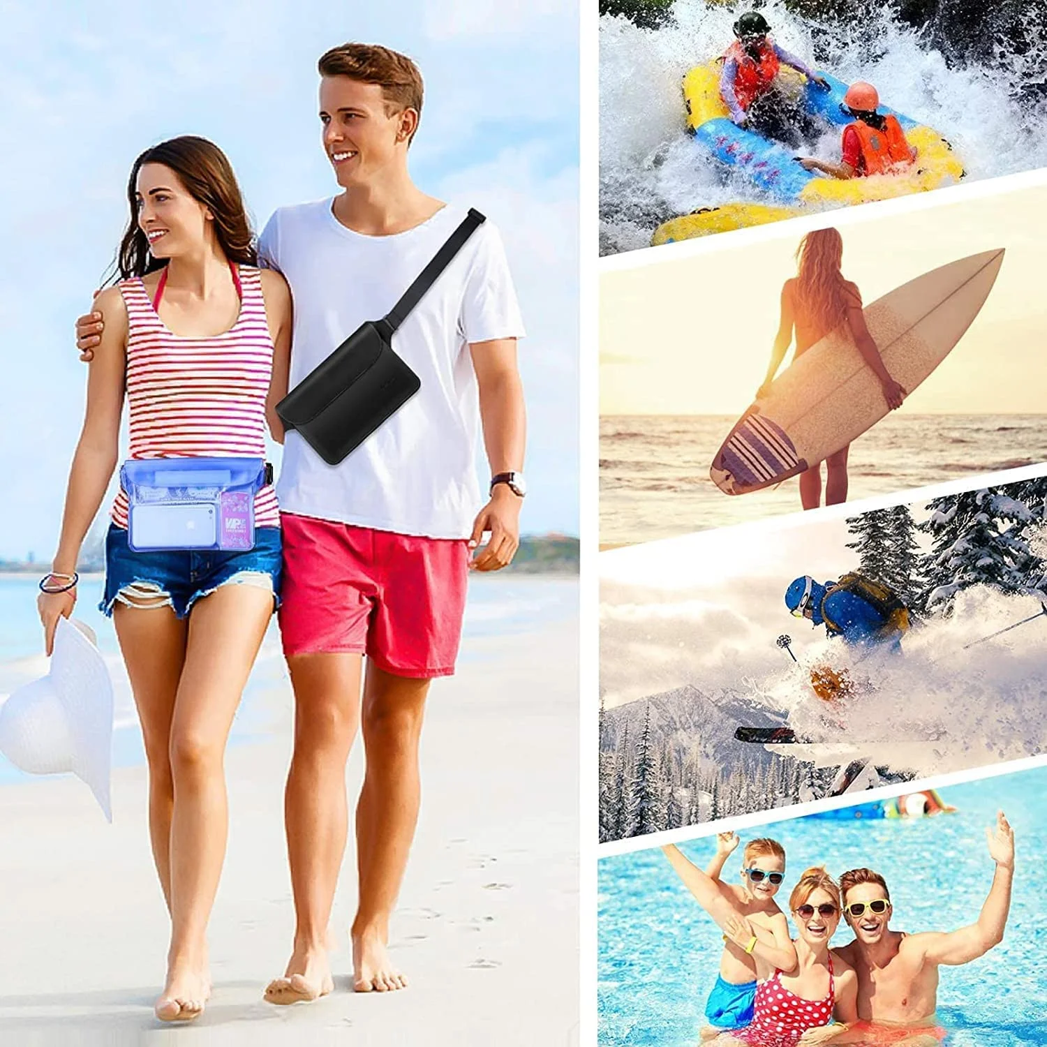 Waterproof Pouch with Waist Strap Beach Accessories Best Way to Keep Your Phone and Valuables Safe and Dry Perfect for Boating Swimming Snorkeling Kayaking Beach Pool Water Park 2Pack Black+White