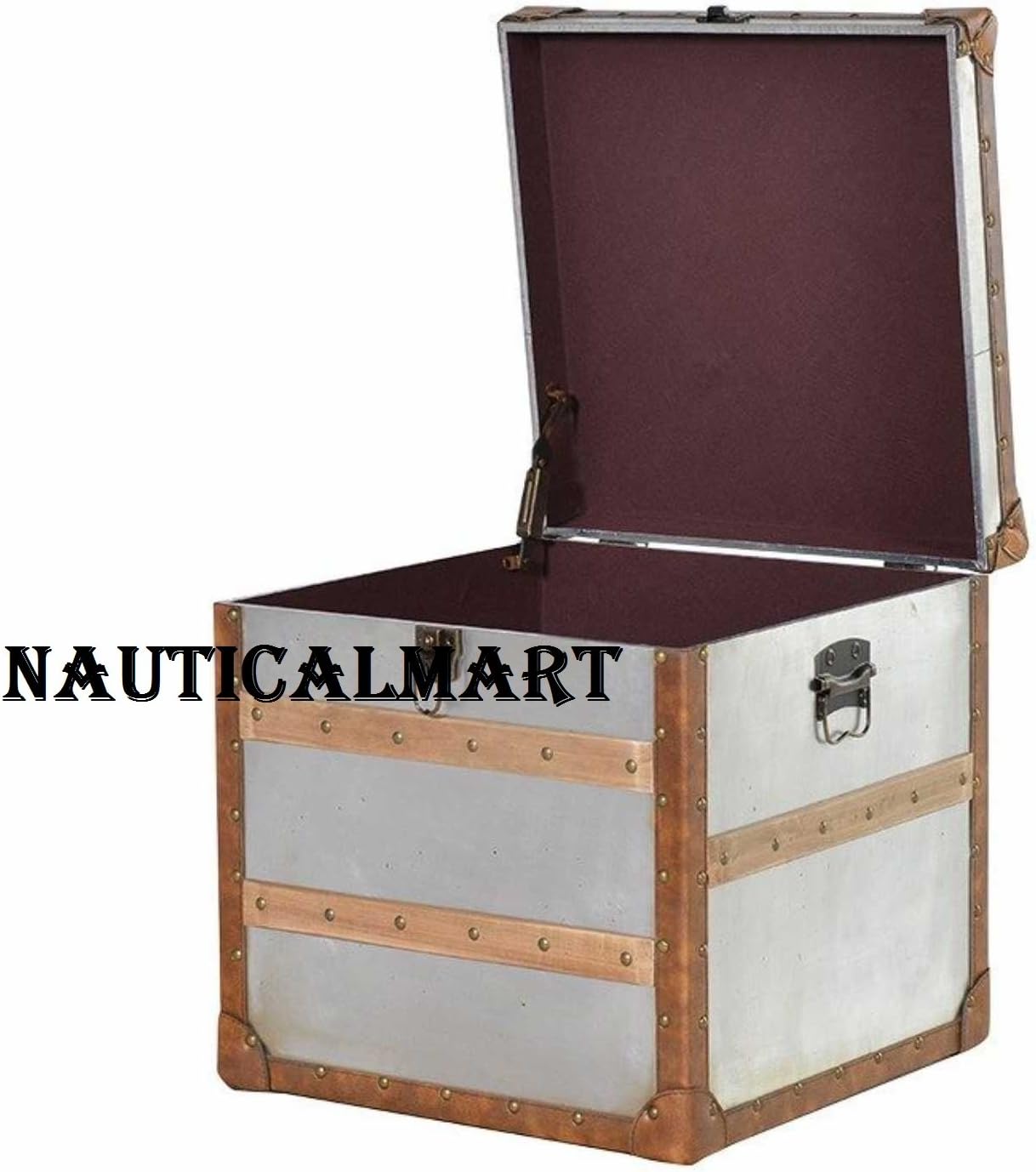 NauticalMart Modern Medium Square Metal Lockable Storage Trunk Chest Wooden Lats