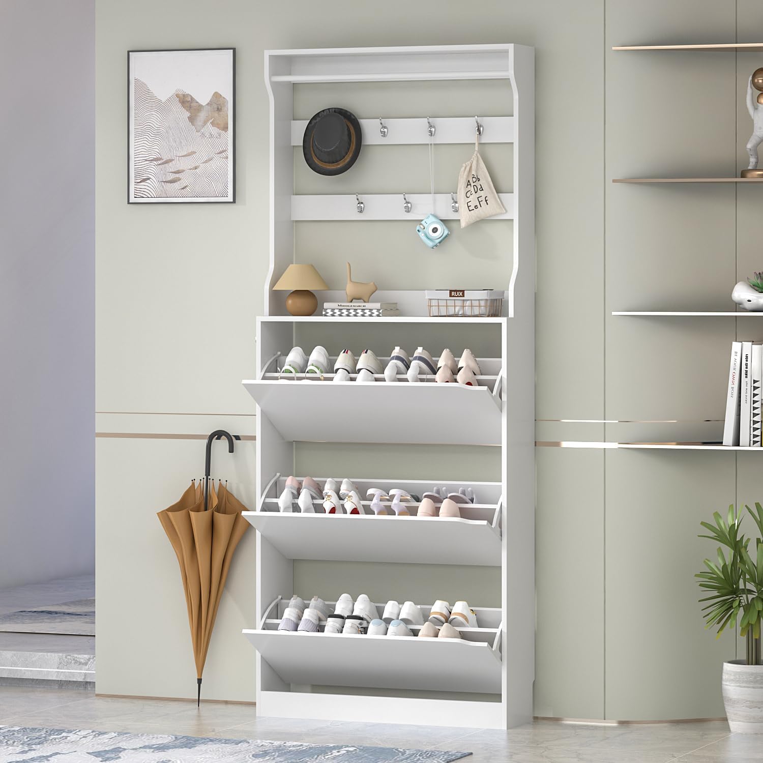 Shoe Cabinet Storage for Entryway, Shoe Storage Cabinet with 3 Flip Drawer, White Slim Freestanding Narrow Hidden Shoe Organizer Cabinet, Tall Wood Modern Shoe Cabinet with Coat Rack for Hallway White