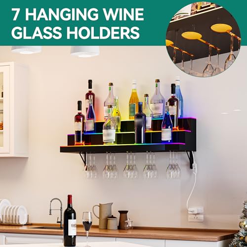 YITAHOME LED Light Liquor Bottle Display Shelf, 3-Tier 40-inch Bar Shelves for Liquor Bottles Wall Mounted Acrylic Liquor Shelf with Wine Holder Slots, Remote & App Control for Home Commercial Bar